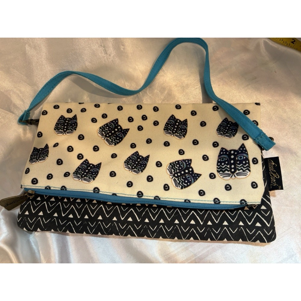 LAUREL BURCH Flap Canvas Clutch Bag BLACK WHITE CATS BLUE Shoulder Purse